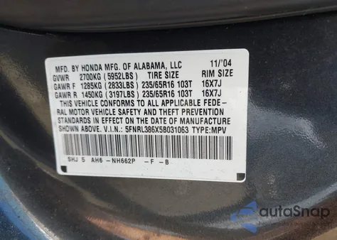 2005 Honda Odyssey Ex-L z USA, uszkodzony, nr VIN 5FNRL386X5B031063